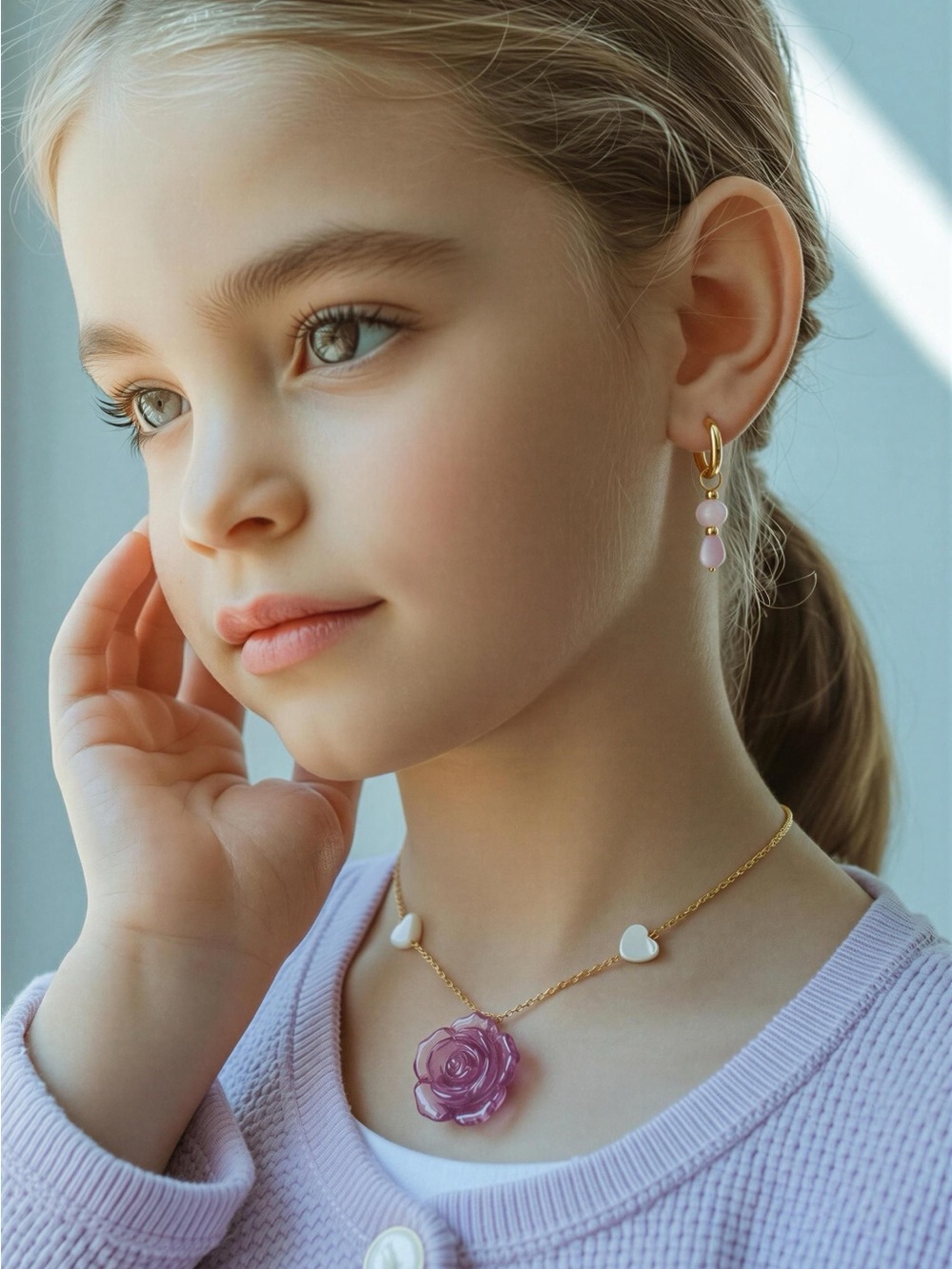 Kids Pink Rose Pendant Necklace and Earrings Set - Gold Tone